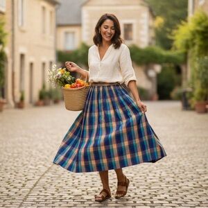 J.G. Hook Plaid Midi Skirt | Blue Teal Yellow Check | Size 14 | Cotton Blend